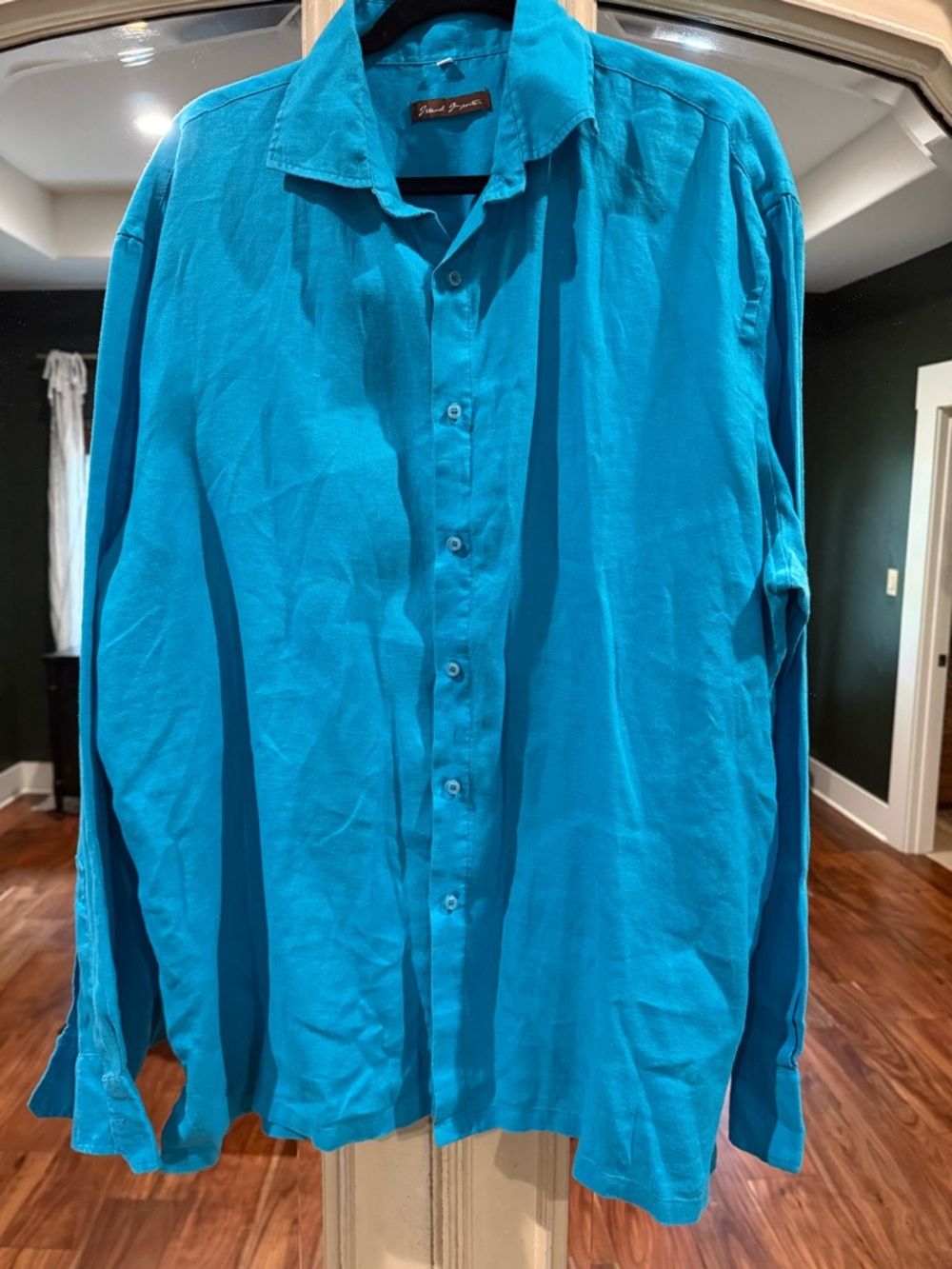 100% LINEN Bright Blue Men's Button-Up Shirt